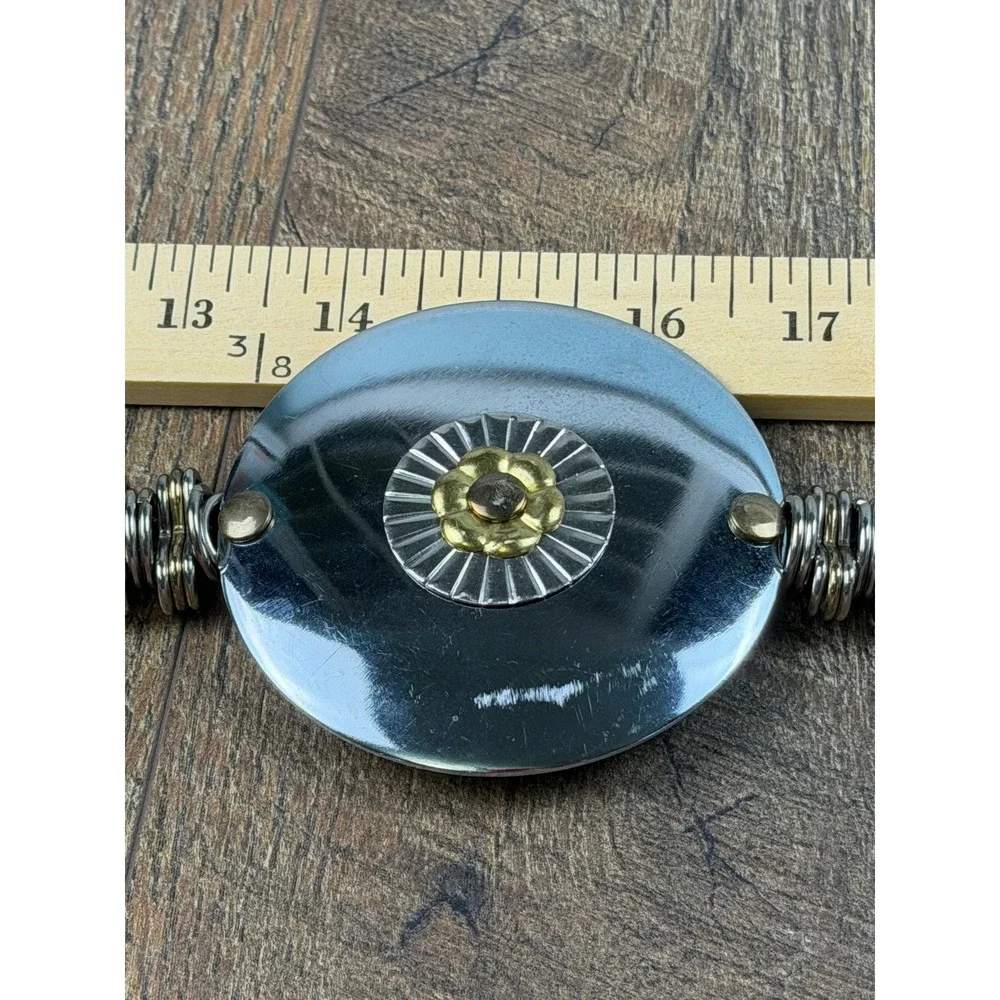 Vintage 80s‎ Black Cord Belt Silver Coil Spring Chain Disc Flower Made Korea